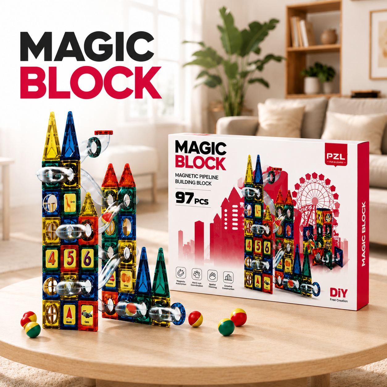 MAGIC BLOCKS® BLOQUES MAGNÉTICOS|Crea, Aprende y Diviértete 97PCS